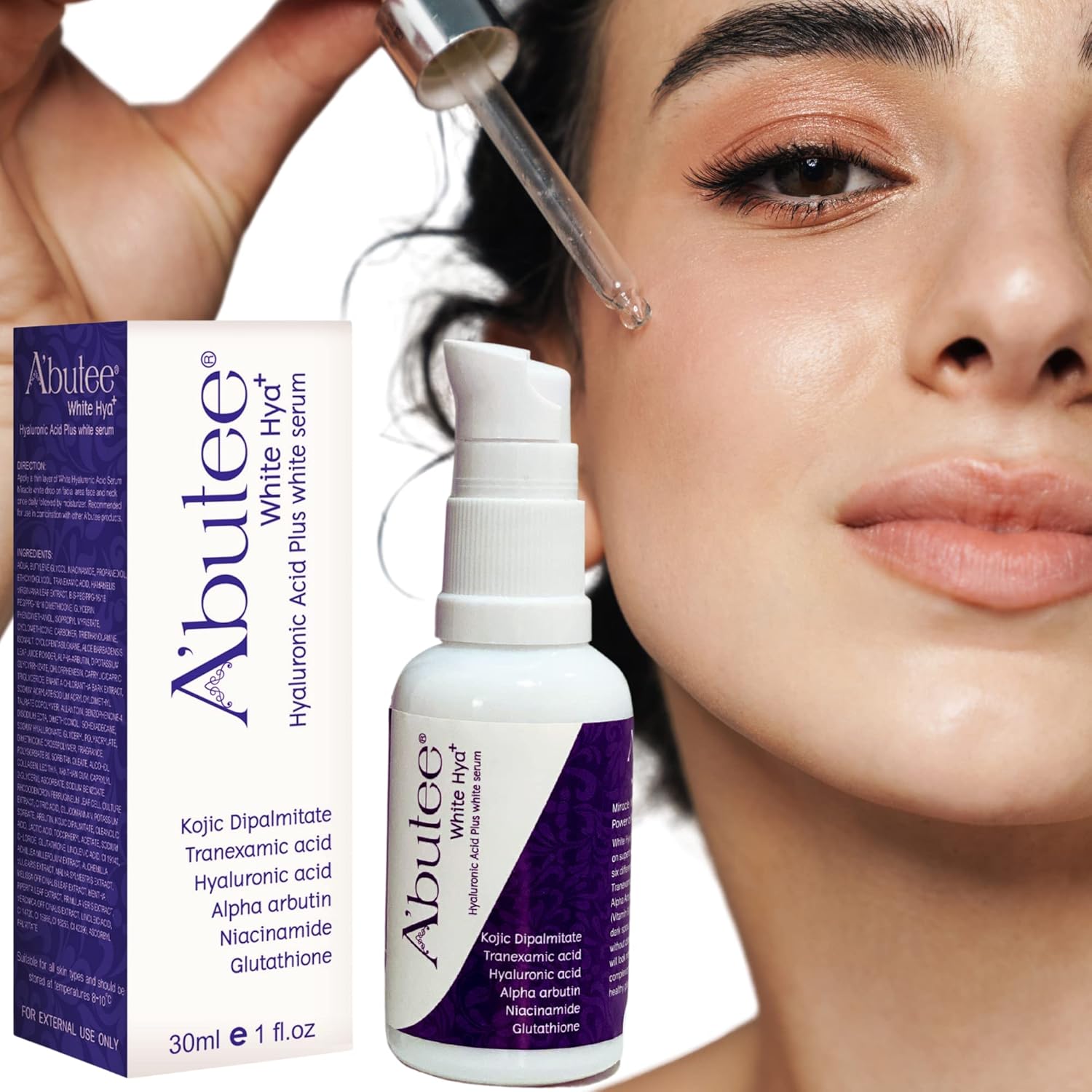 Hyaluronic Acid Anti Aging Plus Brightening Serum-Kojic Acid, Tranexamic Acid, Alpha Arbutin, Niacinamide (B3) by Abutee - Non-toxic Facial Care product rated STOP by Million Marker, free from BPA, phthalates, and parabens