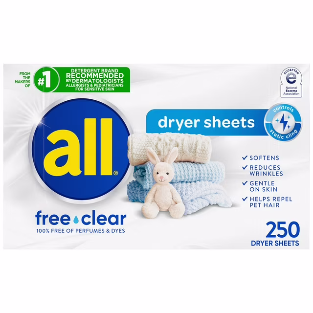 Dryer Sheets Free Clear for Sensitive Skin by All - Non-toxic, STOP rated product free from harmful chemicals