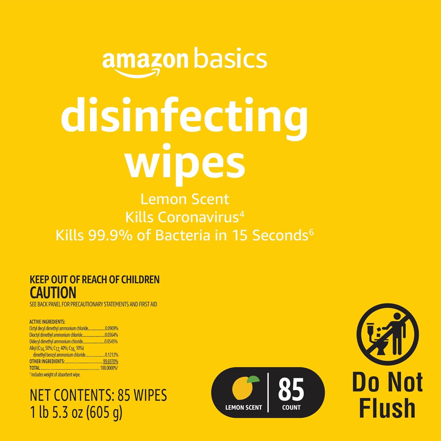 Basics Disinfecting Wipes - Lemon Scent by Amazon - Non-toxic, STOP rated product free from harmful chemicals