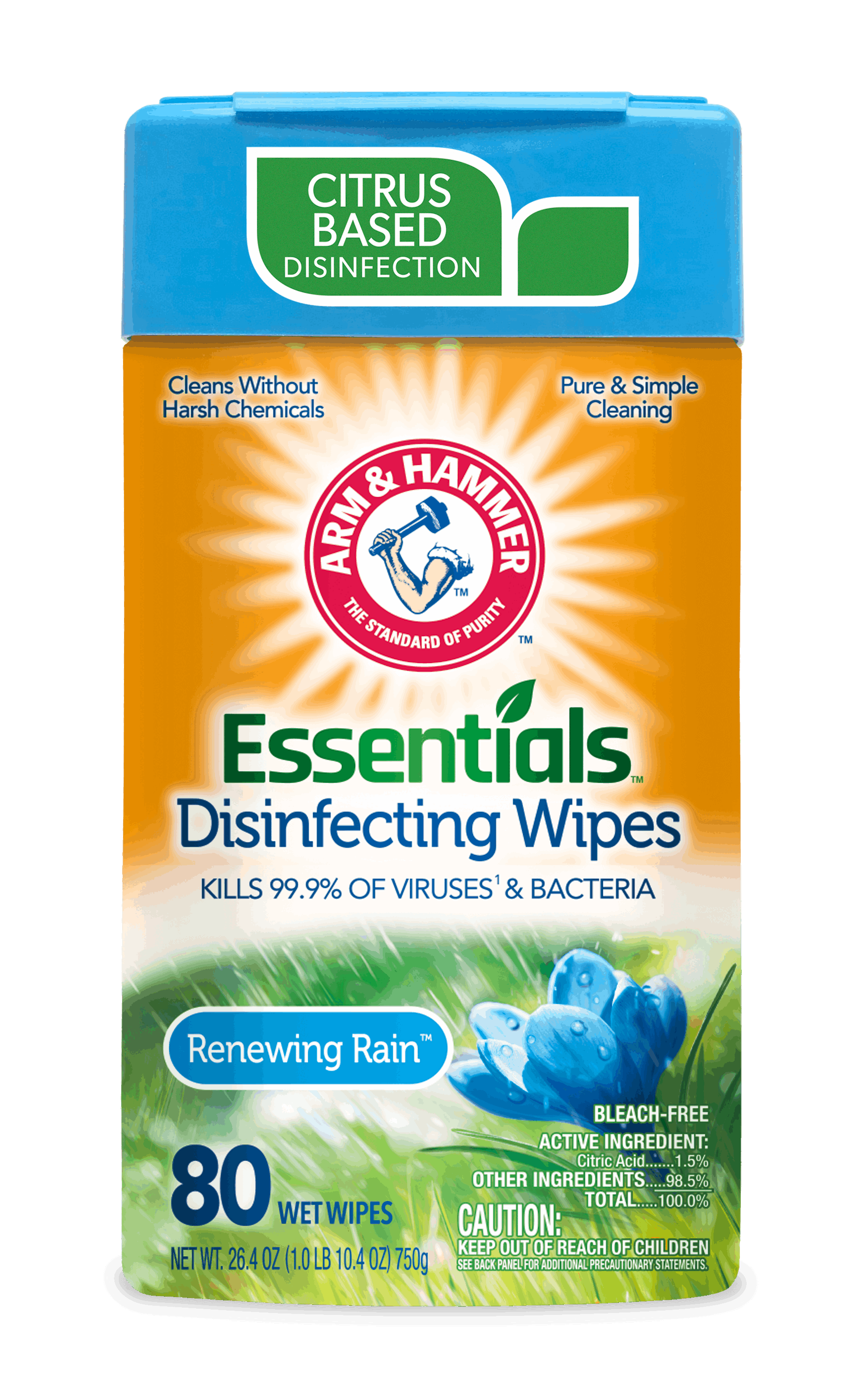 Essentials Disinfecting Wipes - Renewing Rain by ARM & HAMMER - Non-toxic, STOP rated product free from harmful chemicals