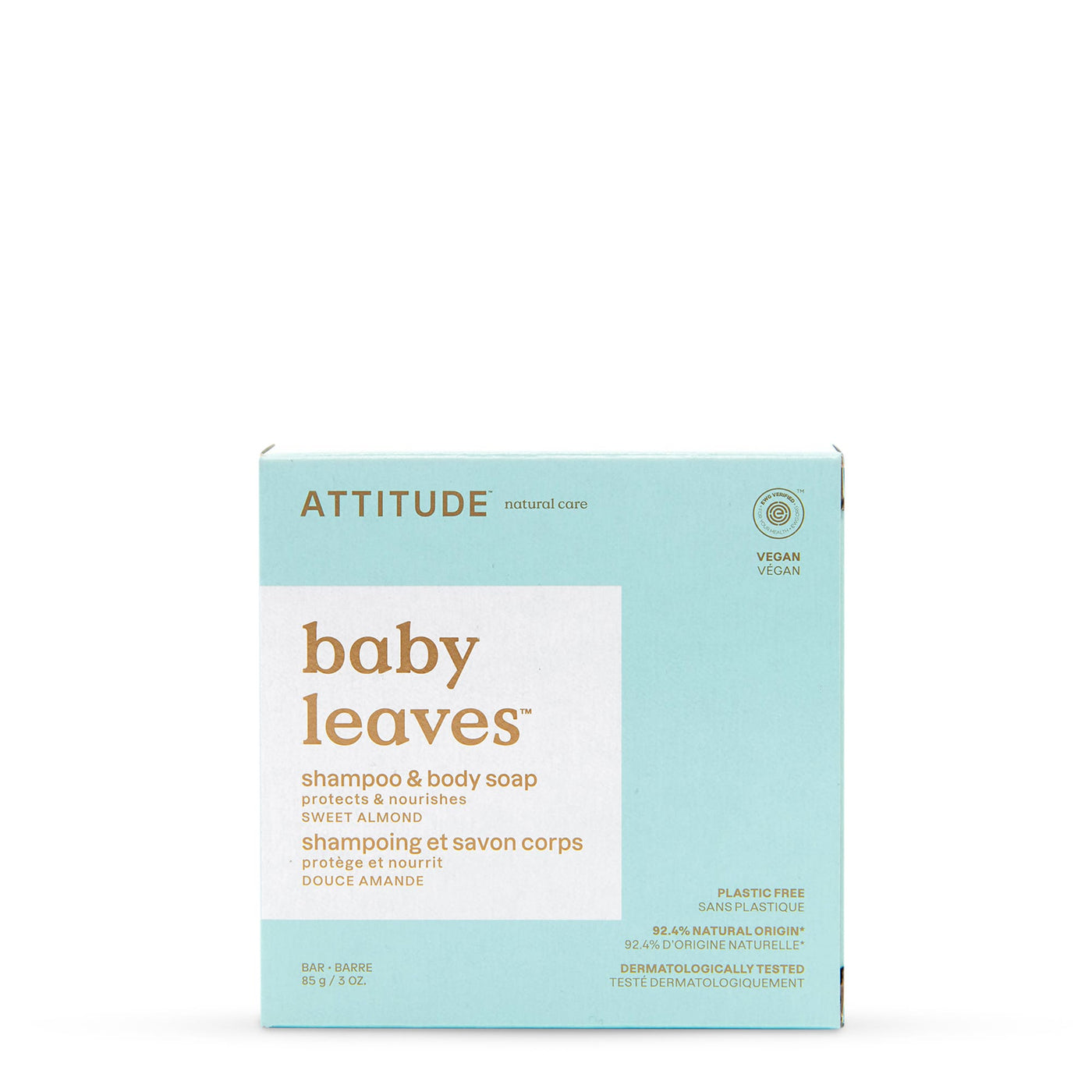 Baby Leaves 2-in-1 Baby Shampoo & Body Soap Bar - Sweet Almond by ATTITUDE - Non-toxic Baby Care product rated SLOW by Million Marker, free from BPA, phthalates, and parabens