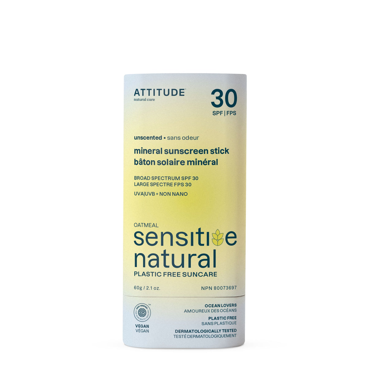 Natural Sunscreen Stick SPF30 - Unscented Sensitive Skin by ATTITUDE - Non-toxic Sunscreens product rated GO by Million Marker, free from BPA, phthalates, and parabens