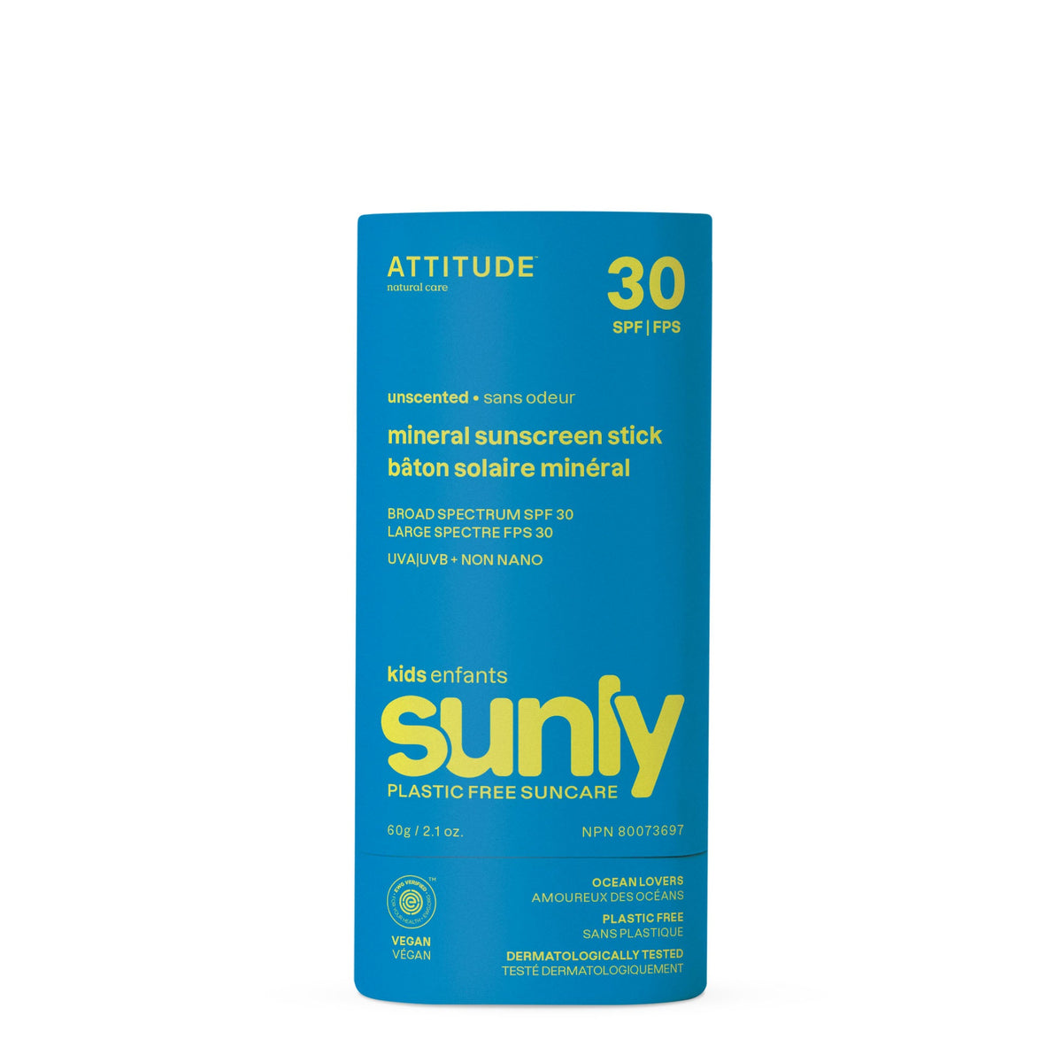 Sunly Sunscreen Stick for Kids SPF30 - Unscented by ATTITUDE - Non-toxic Sunscreens product rated GO by Million Marker, free from BPA, phthalates, and parabens