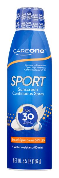 Sport Sunscreen Continuous Spray Water Resistant UVA/UVB SPF 30 by CAREone - Non-toxic, STOP rated product free from harmful chemicals