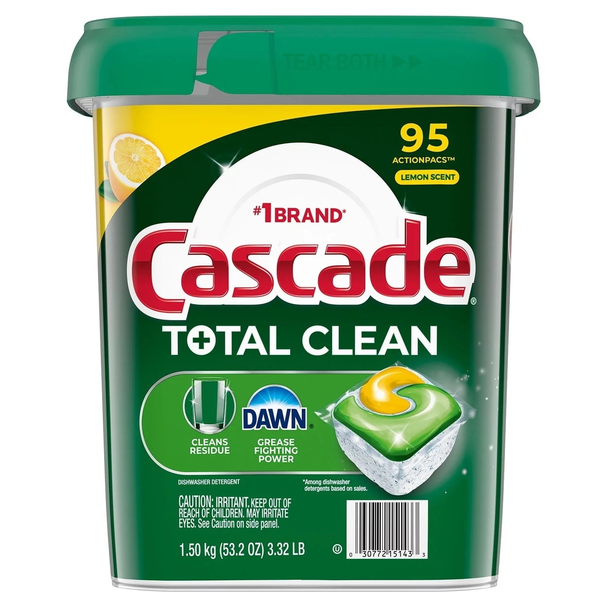 Total Clean ActionPacs Dishwasher Detergent – Lemon Scent by Cascade - Non-toxic Dish Soap + Detergent product rated STOP by Million Marker, free from BPA, phthalates, and parabens