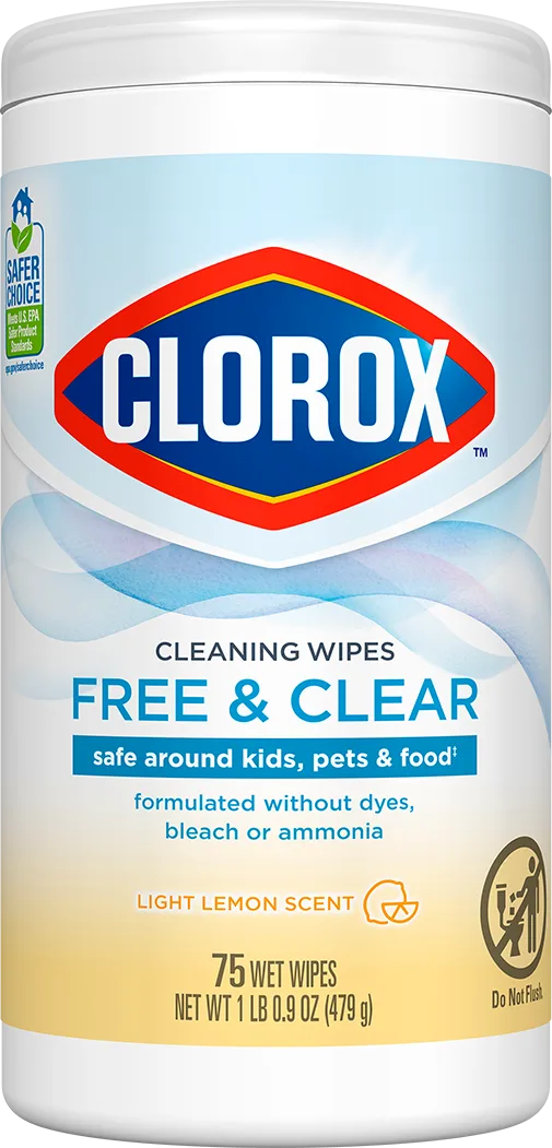 Free & Clear Cleaning Wipes – Light Lemon Scent by CLOROX - Non-toxic Household Cleaning Products product rated STOP by Million Marker, free from BPA, phthalates, and parabens