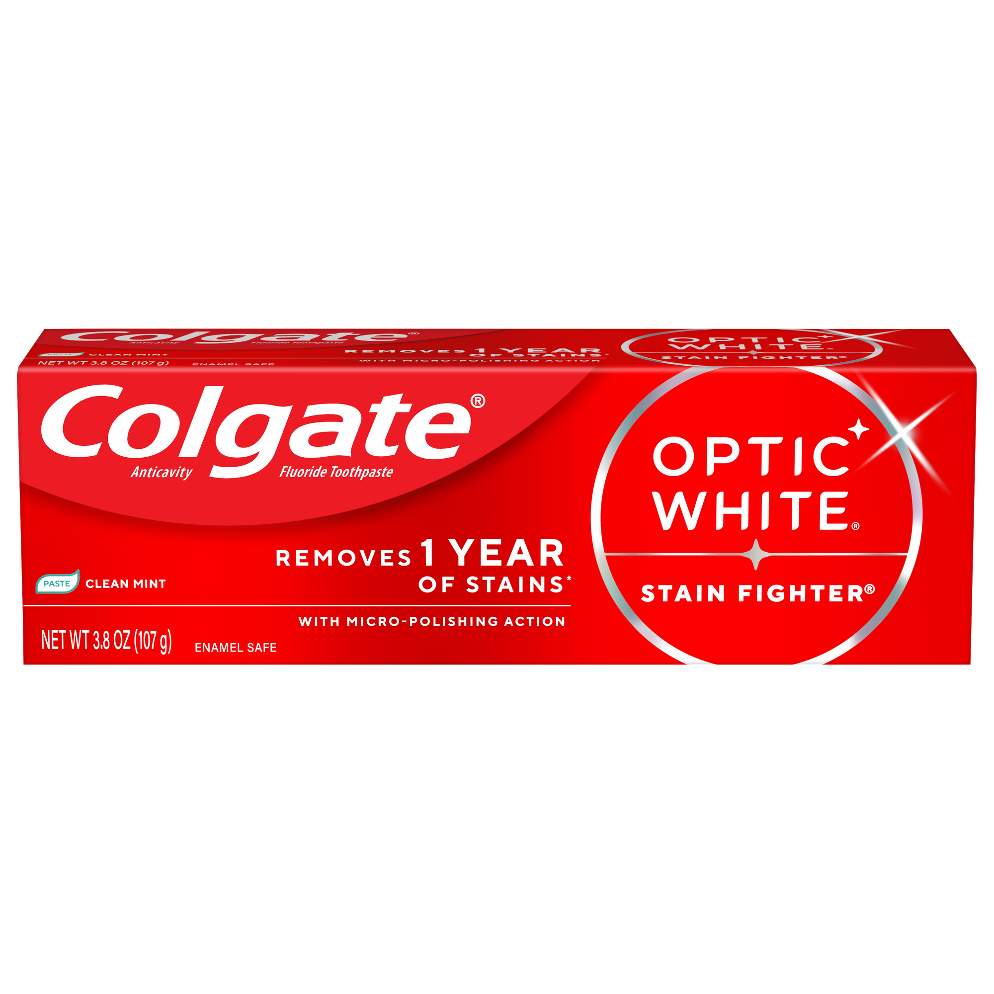 Optic White Stain Fighter Whitening Toothpaste by Colgate - Non-toxic Oral Care product rated STOP by Million Marker, free from BPA, phthalates, and parabens