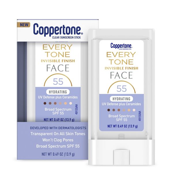 Every Tone Invisible Finish Face Broad Spectrum SPF 55 Clear Sunscreen Stick by Coppertone - Non-toxic, STOP rated product free from harmful chemicals