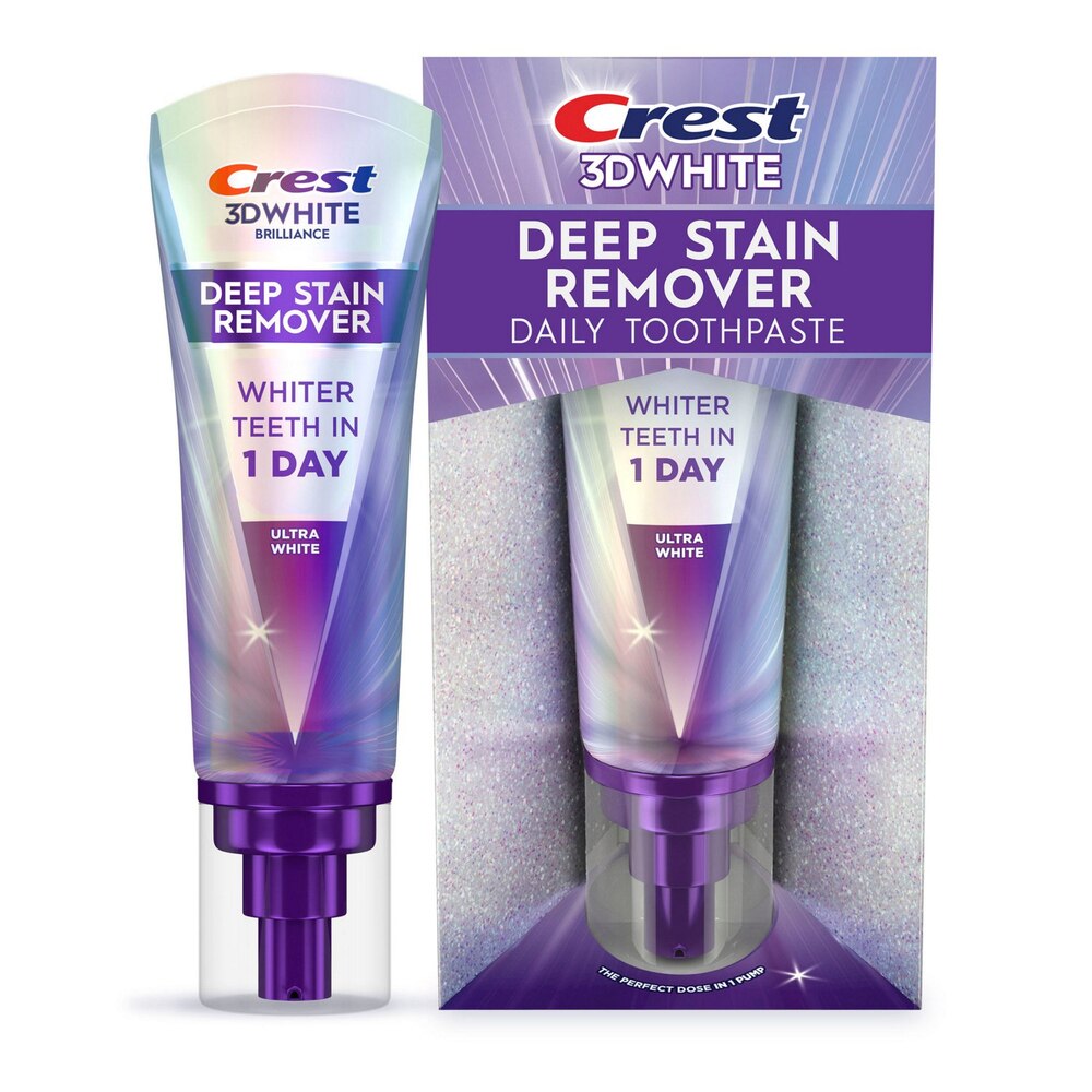3D White Brilliance Deep Stain Remover Ultra White Toothpaste by Crest - Non-toxic Oral Care product rated STOP by Million Marker, free from BPA, phthalates, and parabens