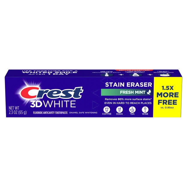 3D White Stain Eraser Toothpaste – Fresh Mint by Crest - Non-toxic Oral Care product rated STOP by Million Marker, free from BPA, phthalates, and parabens