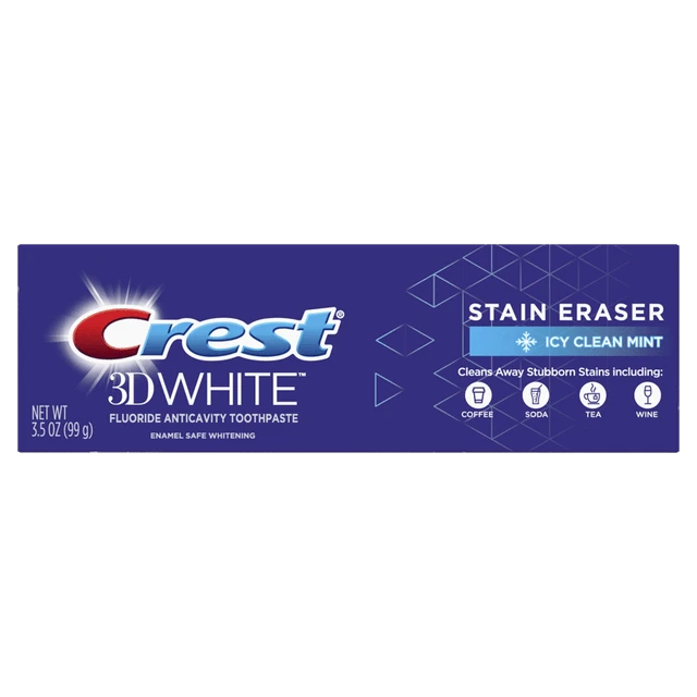 3D White Stain Eraser Toothpaste – Icy Clean Mint by Crest - Non-toxic Oral Care product rated STOP by Million Marker, free from BPA, phthalates, and parabens
