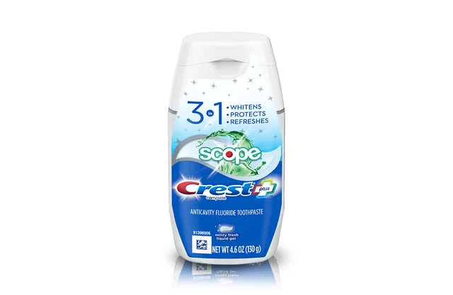 Complete Plus Scope 3-In-1 Whitening Liquid Gel Toothpaste - Minty Fresh by Crest - Non-toxic Oral Care product rated STOP by Million Marker, free from BPA, phthalates, and parabens