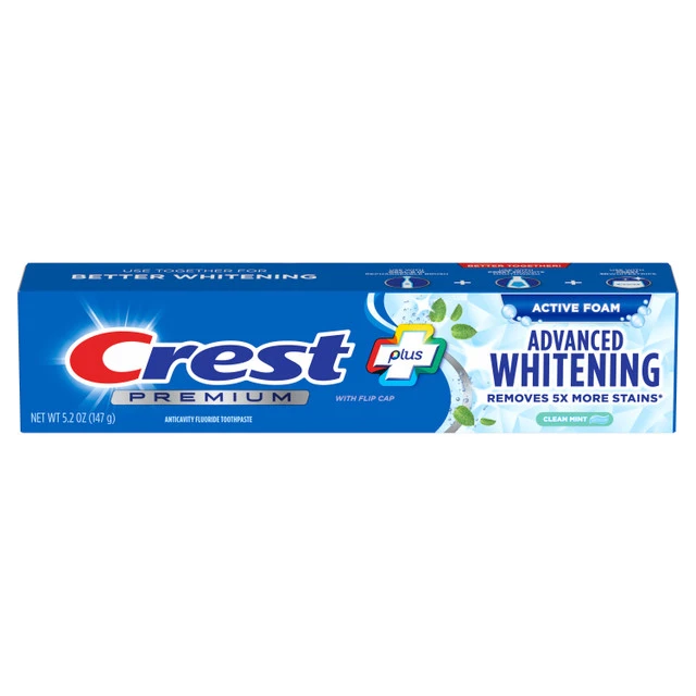 Premium Plus Advanced Whitening Active Foam Toothpaste – Clean Mint by Crest - Non-toxic Oral Care product rated STOP by Million Marker, free from BPA, phthalates, and parabens