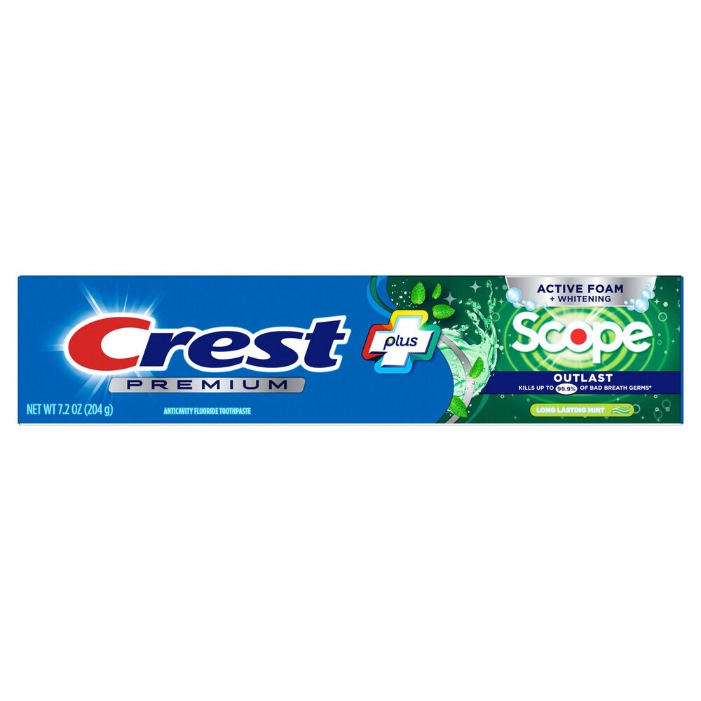 Premium Plus Scope Active Foam + Whitening Toothpaste - Long Lasting Mint by Crest - Non-toxic Oral Care product rated STOP by Million Marker, free from BPA, phthalates, and parabens