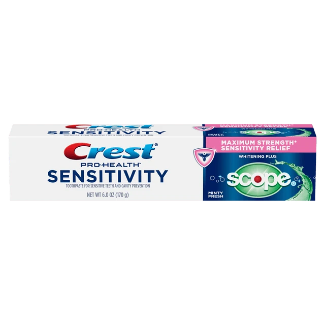Pro-Health Sensitivity Maximum Strength Sensitivity Relief Whitening Plus Scope Toothpaste – Minty Fresh by Crest - Non-toxic Oral Care product rated STOP by Million Marker, free from BPA, phthalates, and parabens