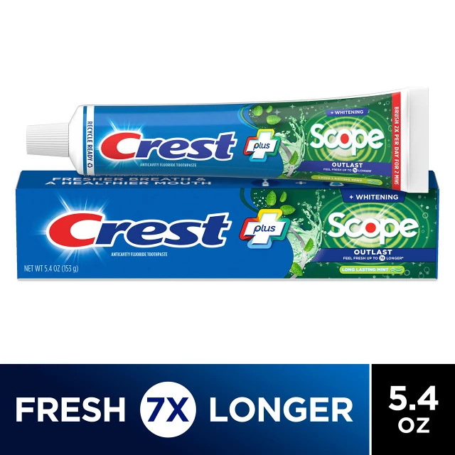 Whitening Plus Scope Outlast Toothpaste – Long Lasting Mint Flavor by Crest - Non-toxic Oral Care product rated STOP by Million Marker, free from BPA, phthalates, and parabens