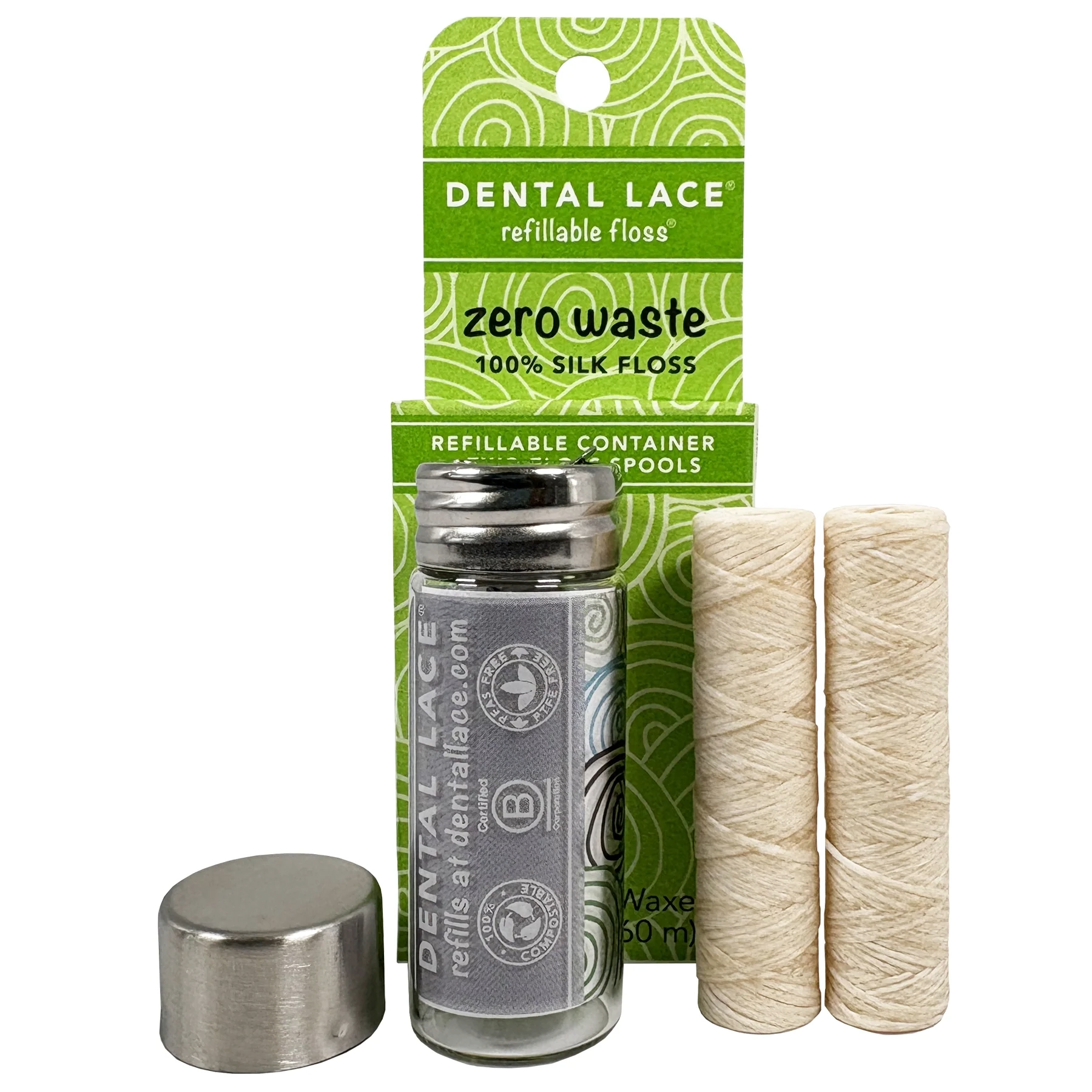 Silk Dental Floss in Refillable Glass Container by Dental Lace - Non-toxic Oral Care product rated GO by Million Marker, free from BPA, phthalates, and parabens
