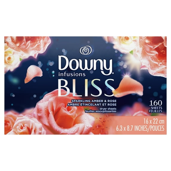 Infusions Bliss Fabric Softener Dryer Sheets – Sparkling Amber & Rose by Downy - Non-toxic Laundry product rated STOP by Million Marker, free from BPA, phthalates, and parabens