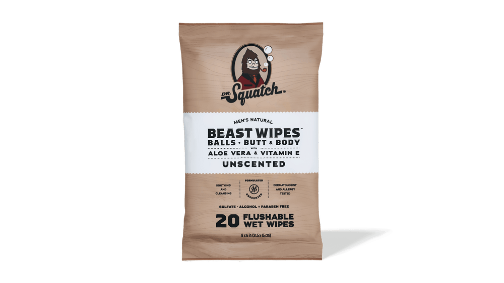 Men's Natural Beast Wipes - Unscented by DR. Squatch - Non-toxic Intimate Care product rated SLOW by Million Marker, free from BPA, phthalates, and parabens