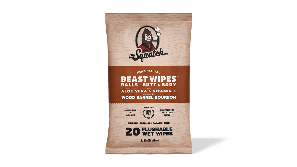 Men's Natural Beast Wipes - Wood Barrel Bourbon by DR. Squatch - Non-toxic Intimate Care product rated SLOW by Million Marker, free from BPA, phthalates, and parabens