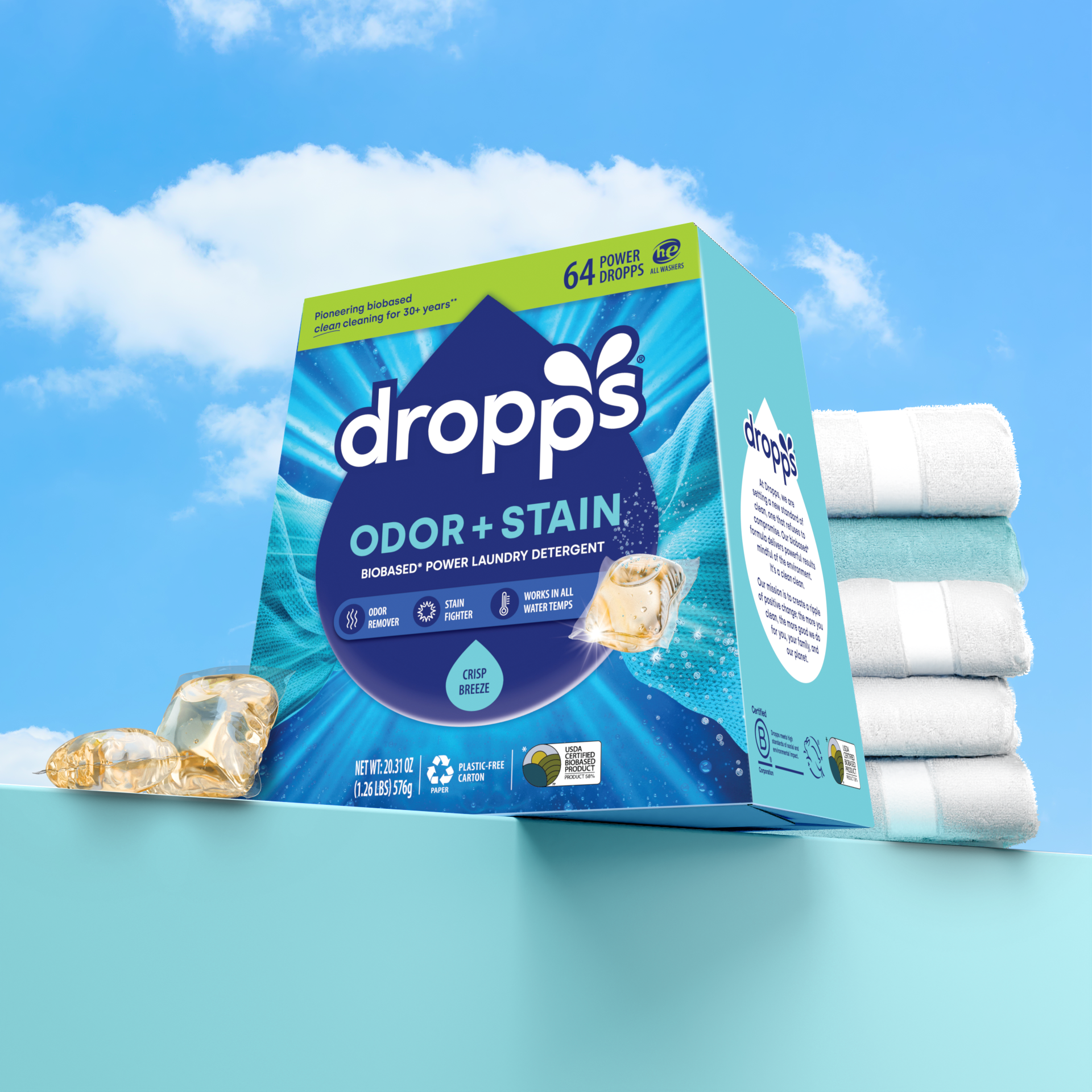 Stain & Odor Laundry Detergent Pods - Crisp Breeze by Dropps - Non-toxic, STOP rated product free from harmful chemicals