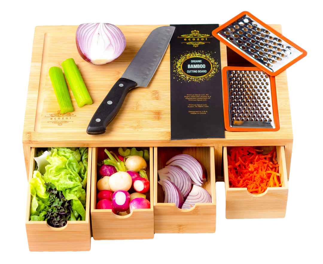 Bamboo Cutting Board with Containers by Ecozoi - Non-toxic Food Storage product rated GO by Million Marker, free from BPA, phthalates, and parabens