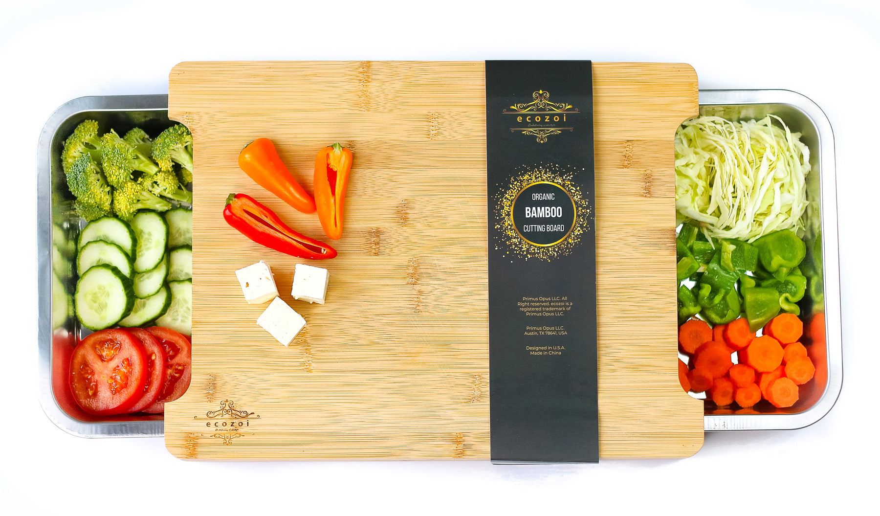 Bamboo Cutting Board with Slide Out Containers by Ecozoi - Non-toxic, GO rated product free from harmful chemicals