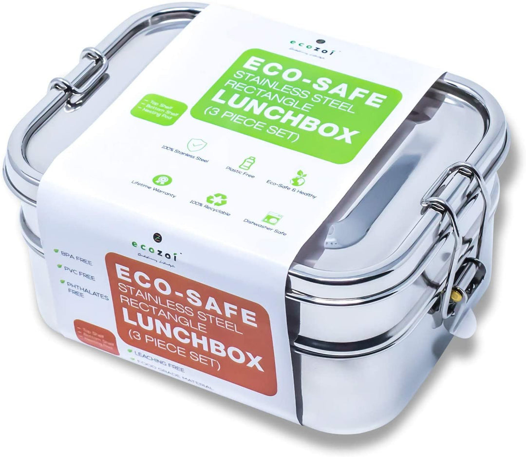 Leak Proof Stainless Steel Lunch Box 3-in-1 by Ecozoi - Non-toxic, GO rated product free from harmful chemicals