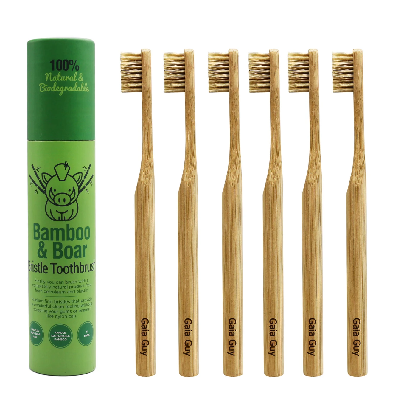 Natural Bristle Bamboo Toothbrush 6 pack by Gaia Guy - Non-toxic, GO rated product free from harmful chemicals