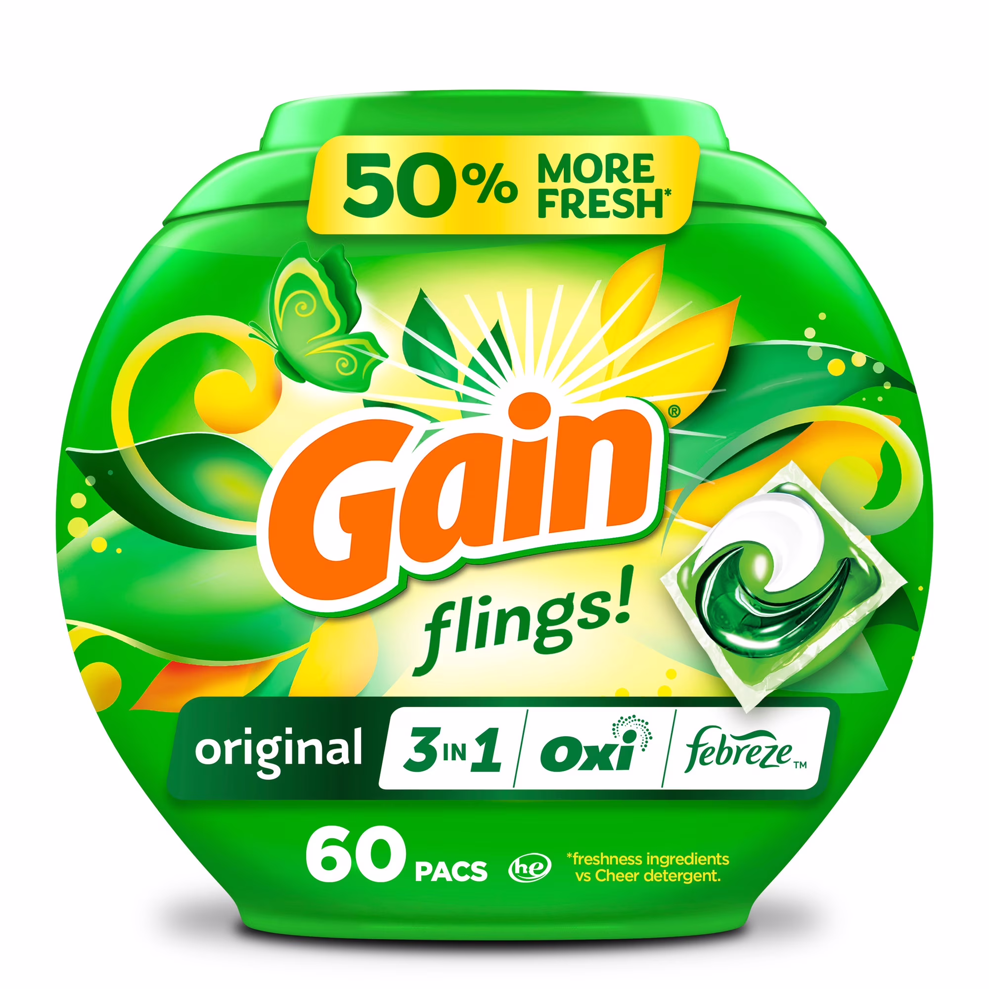 Flings! Laundry Detergent Pacs - Original by Gain - Non-toxic Laundry product rated STOP by Million Marker, free from BPA, phthalates, and parabens