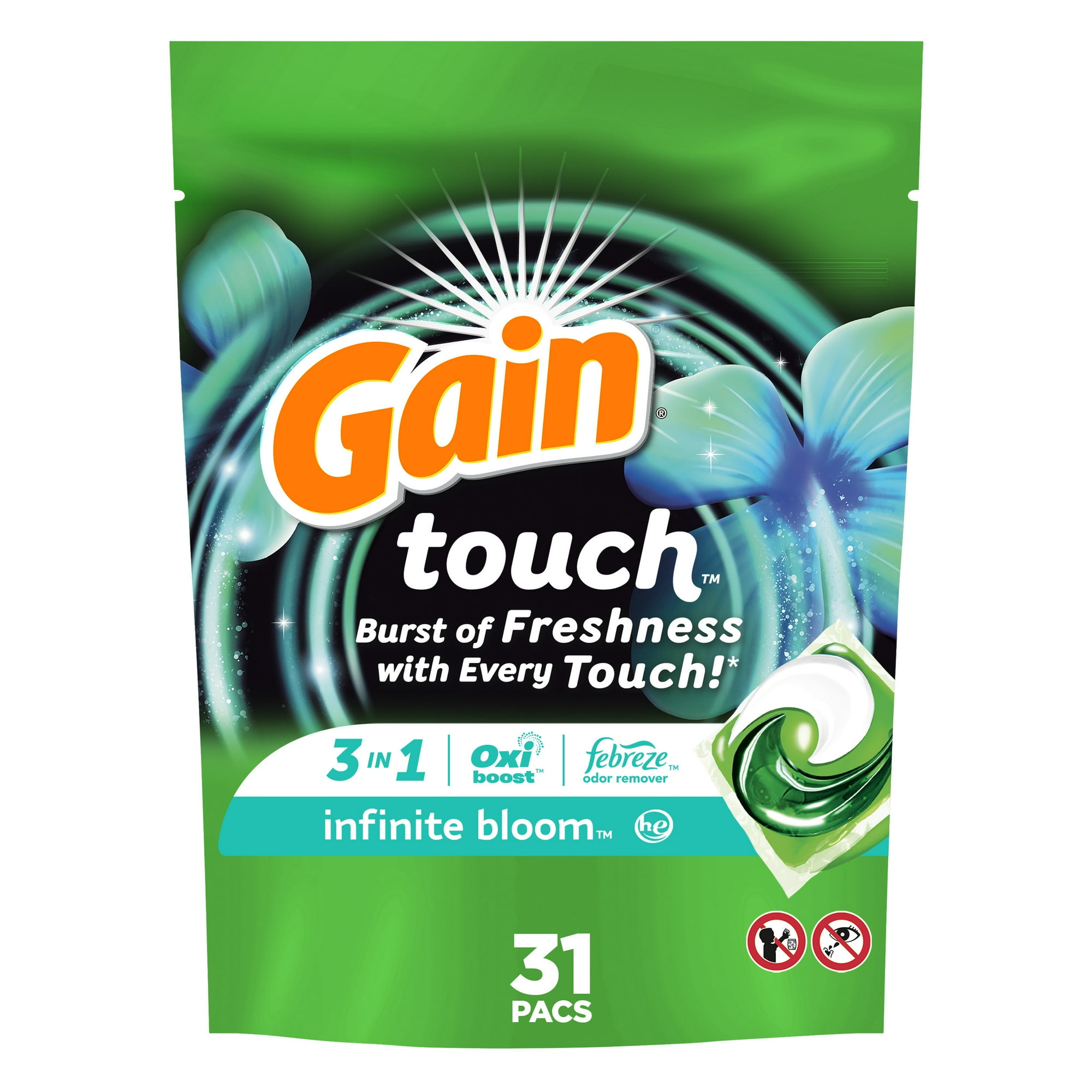 Touch Laundry Detergent Pods - Infinite Bloom by Gain - Non-toxic Laundry product rated STOP by Million Marker, free from BPA, phthalates, and parabens