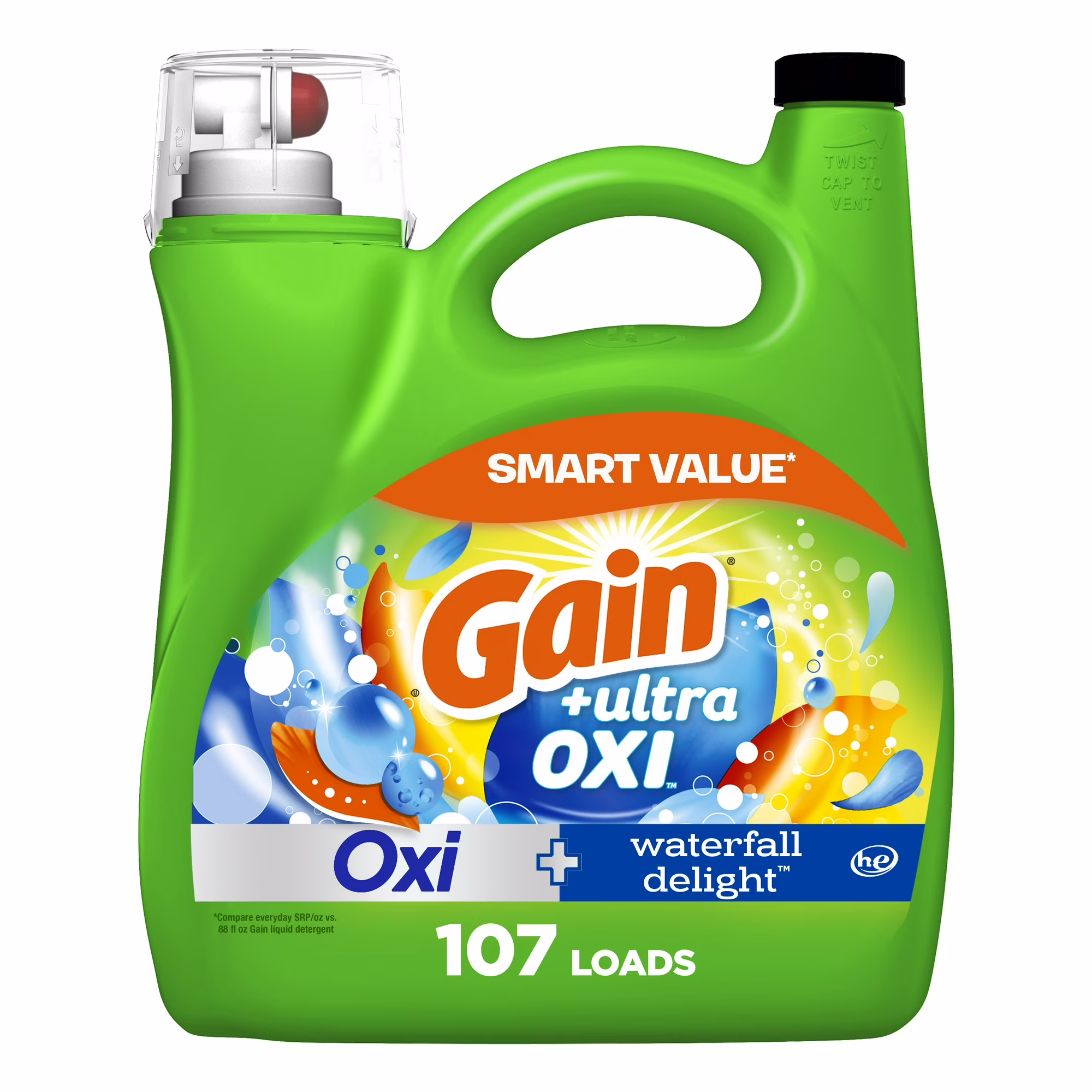 Ultra Oxi Liquid Laundry Detergent - Waterfall Delight by Gain - Non-toxic, STOP rated product free from harmful chemicals