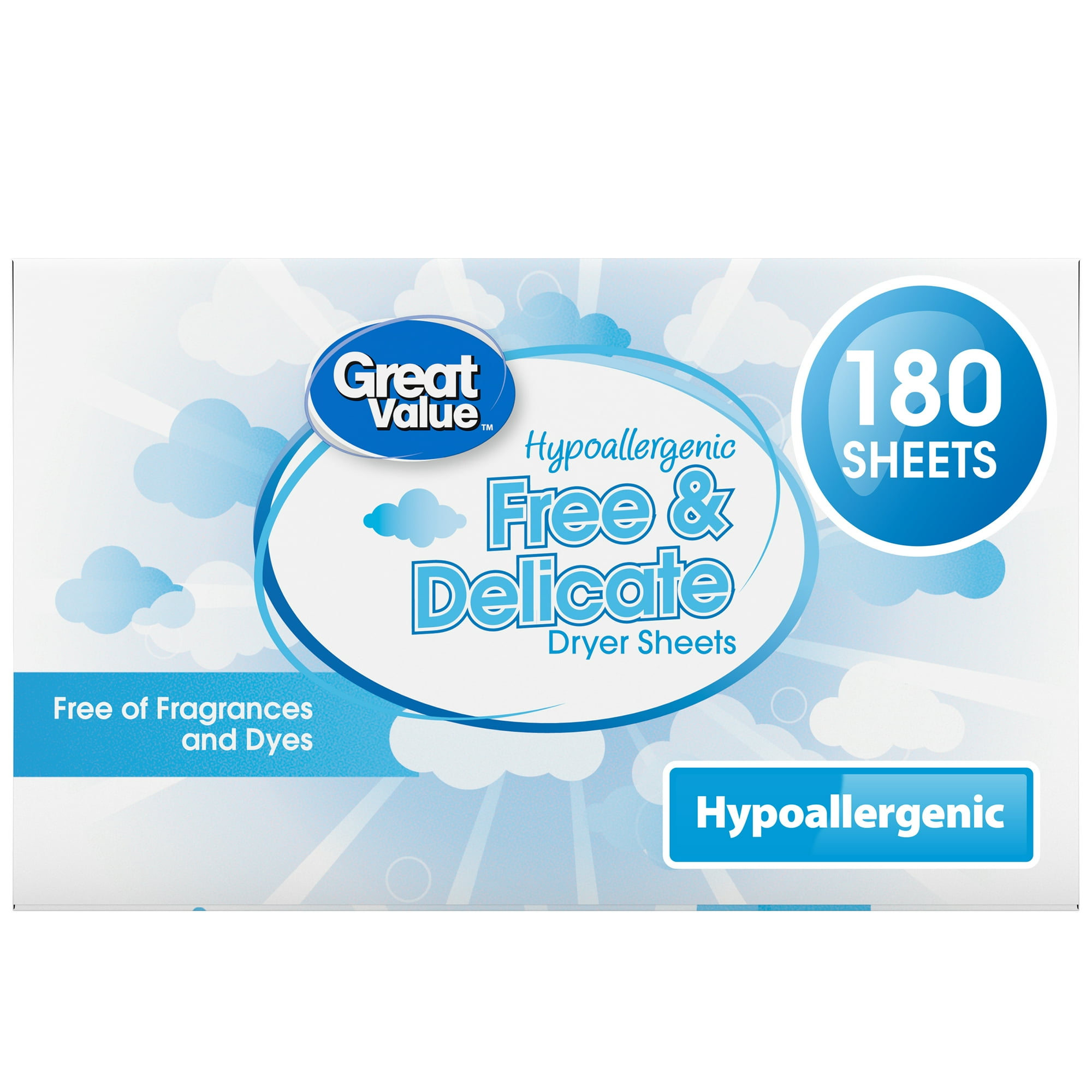 Free & Delicate Dryer Sheets Hypoallergenic - Fragrance Free by Great Value - Non-toxic Laundry product rated SLOW by Million Marker, free from BPA, phthalates, and parabens