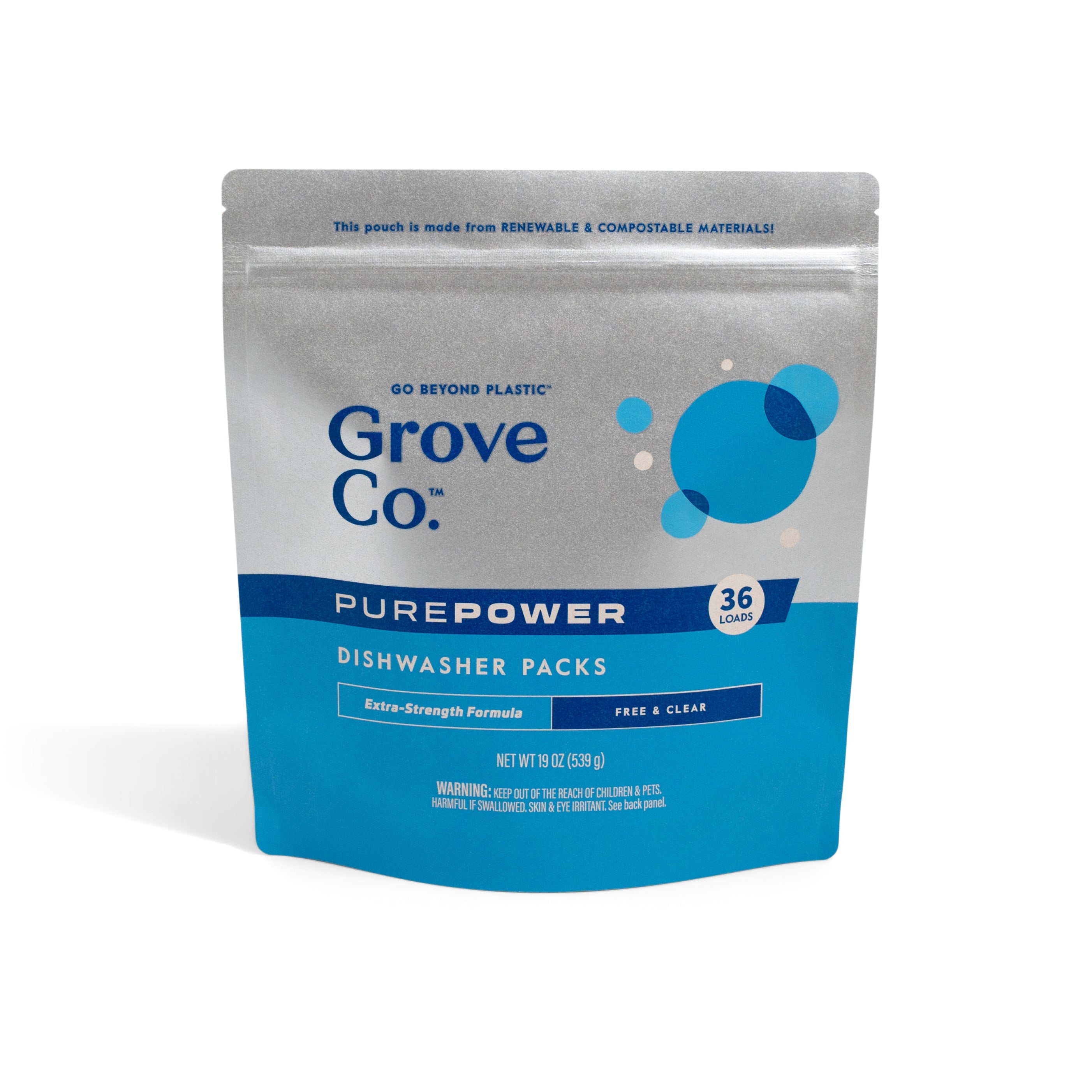 Pure Power Dishwasher Detergent Pack - Free & Clear by Grove Co. - Non-toxic, SLOW rated product free from harmful chemicals