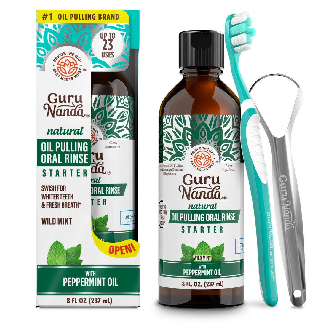 Natural Oil Pulling Oral Rinse Starter - Wild Mint by GuruNanda - Non-toxic Oral Care product rated GO by Million Marker, free from BPA, phthalates, and parabens