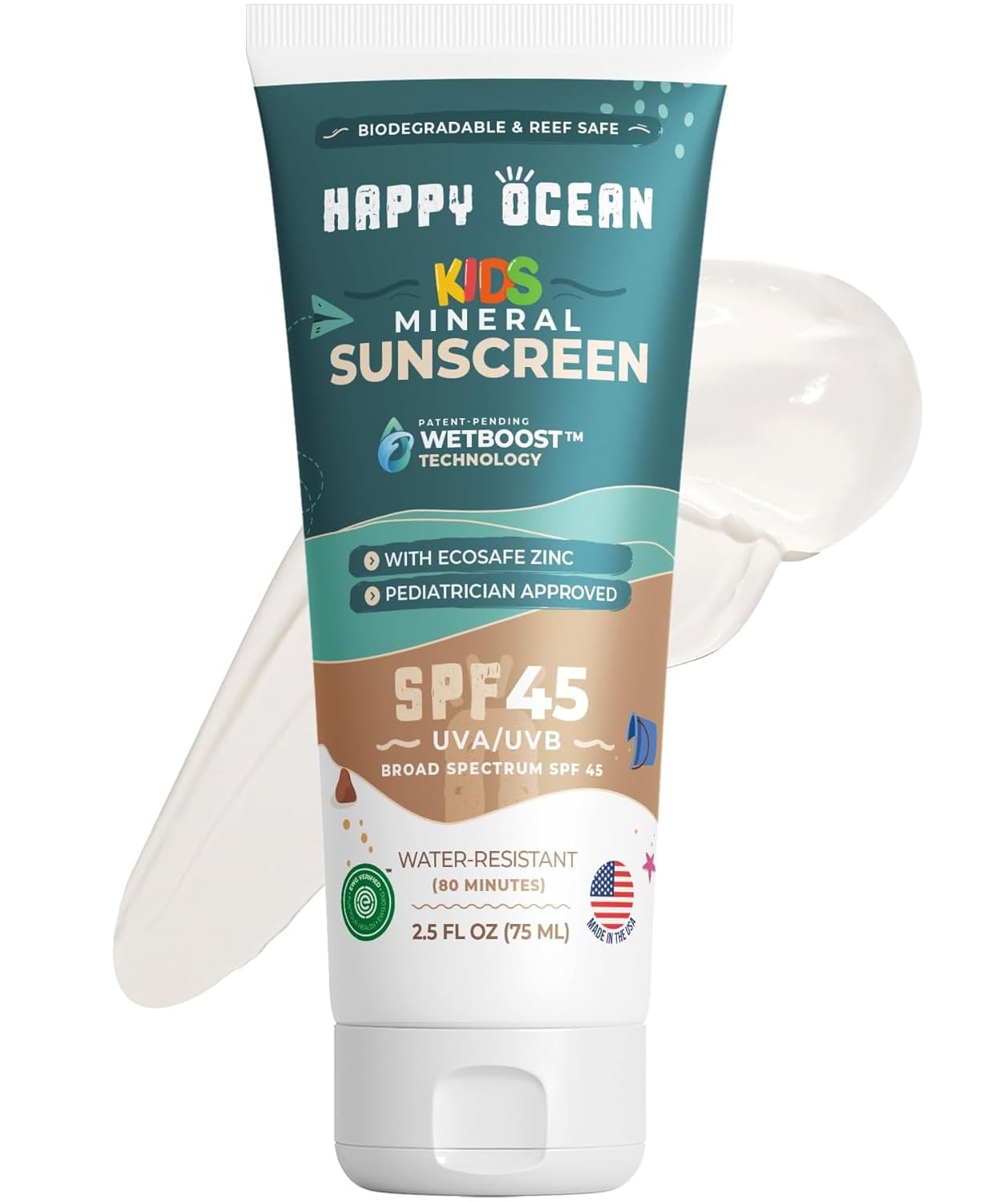 Kids Mineral Sunscreen SPF 45 by HAPPY OCEAN - Non-toxic Sunscreens product rated GO by Million Marker, free from BPA, phthalates, and parabens