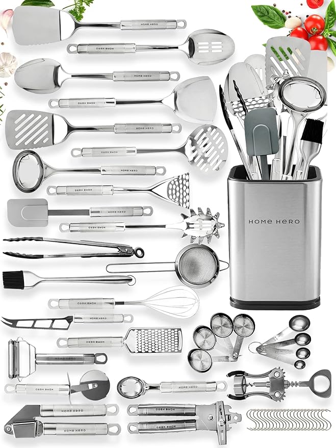 Stainless Steel Kitchen Utensils Set - 54 piece set by Home Hero - Non-toxic, GO rated product free from harmful chemicals