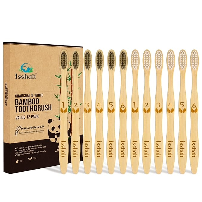 Natural Bamboo Charcoal Toothbrushes - 12 Count by Isshah - Non-toxic Oral Care product rated GO by Million Marker, free from BPA, phthalates, and parabens