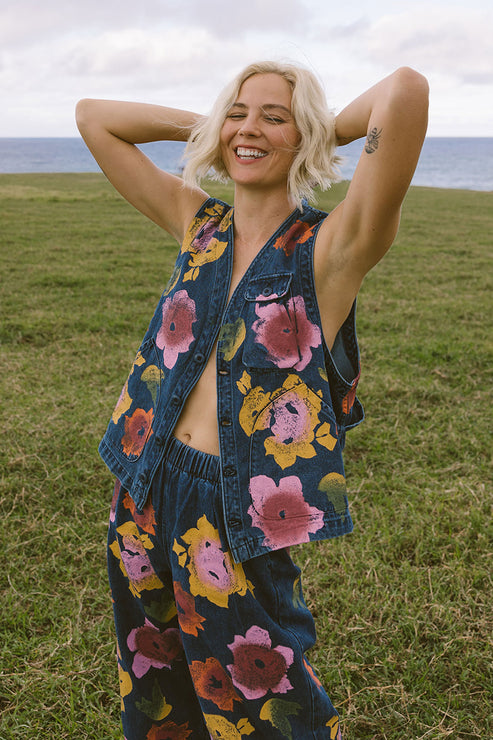 Floral Denim Falcon Vest by JUNGMAVEN - Non-toxic Clothes product rated GO by Million Marker, free from BPA, phthalates, and parabens