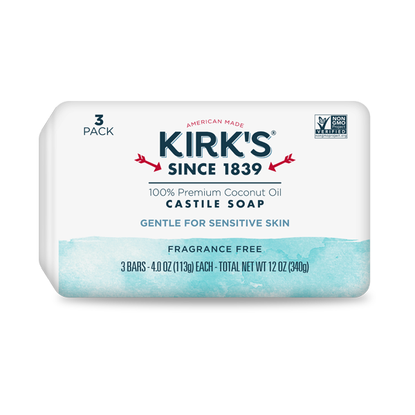 100% Premium Coconut Oil Castile Soap - Fragrance Free by KIRK'S SINCE 1839 - Non-toxic, GO rated product free from harmful chemicals