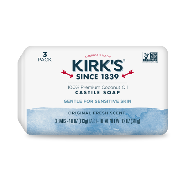 100% Premium Coconut Oil Castille Soap - Original Fresh Scent by KIRK'S SINCE 1839 - Non-toxic, SLOW rated product free from harmful chemicals