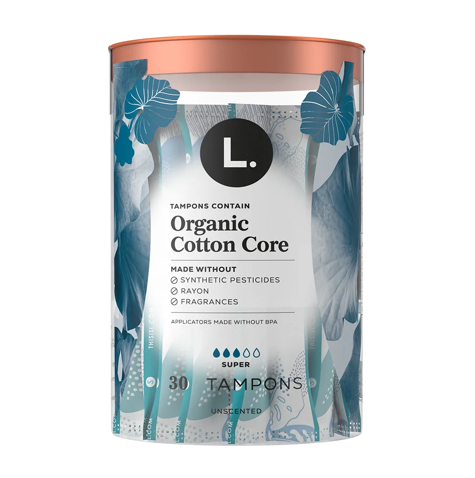 Organic Cotton Core Super Tampons - Unscented by L. - Non-toxic, STOP rated product free from harmful chemicals
