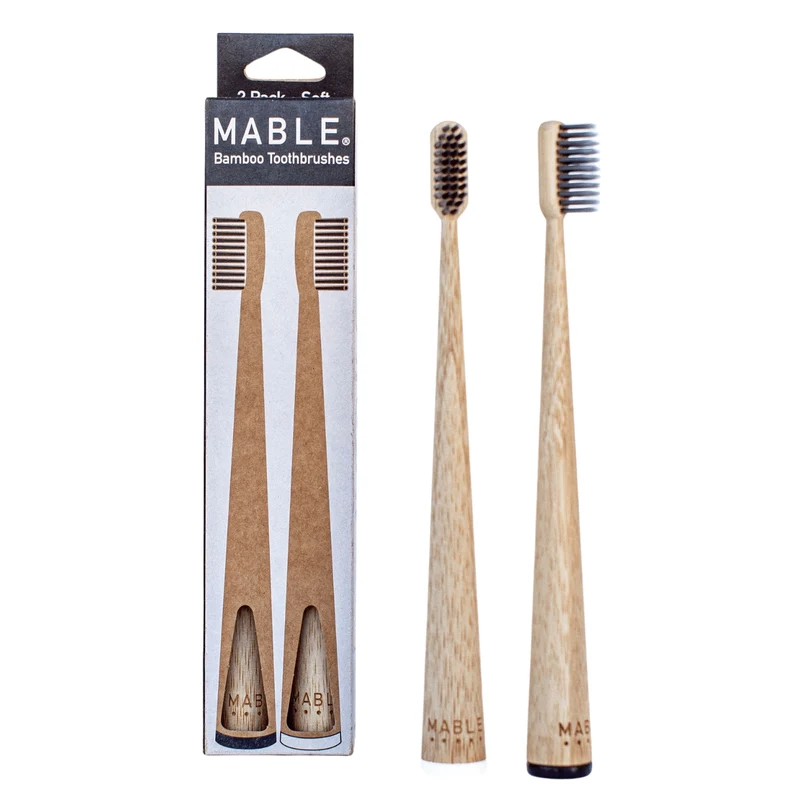 Bamboo Toothbrush, Adult Two Pack, Charcoal Infused by MABLE - Non-toxic, GO rated product free from harmful chemicals