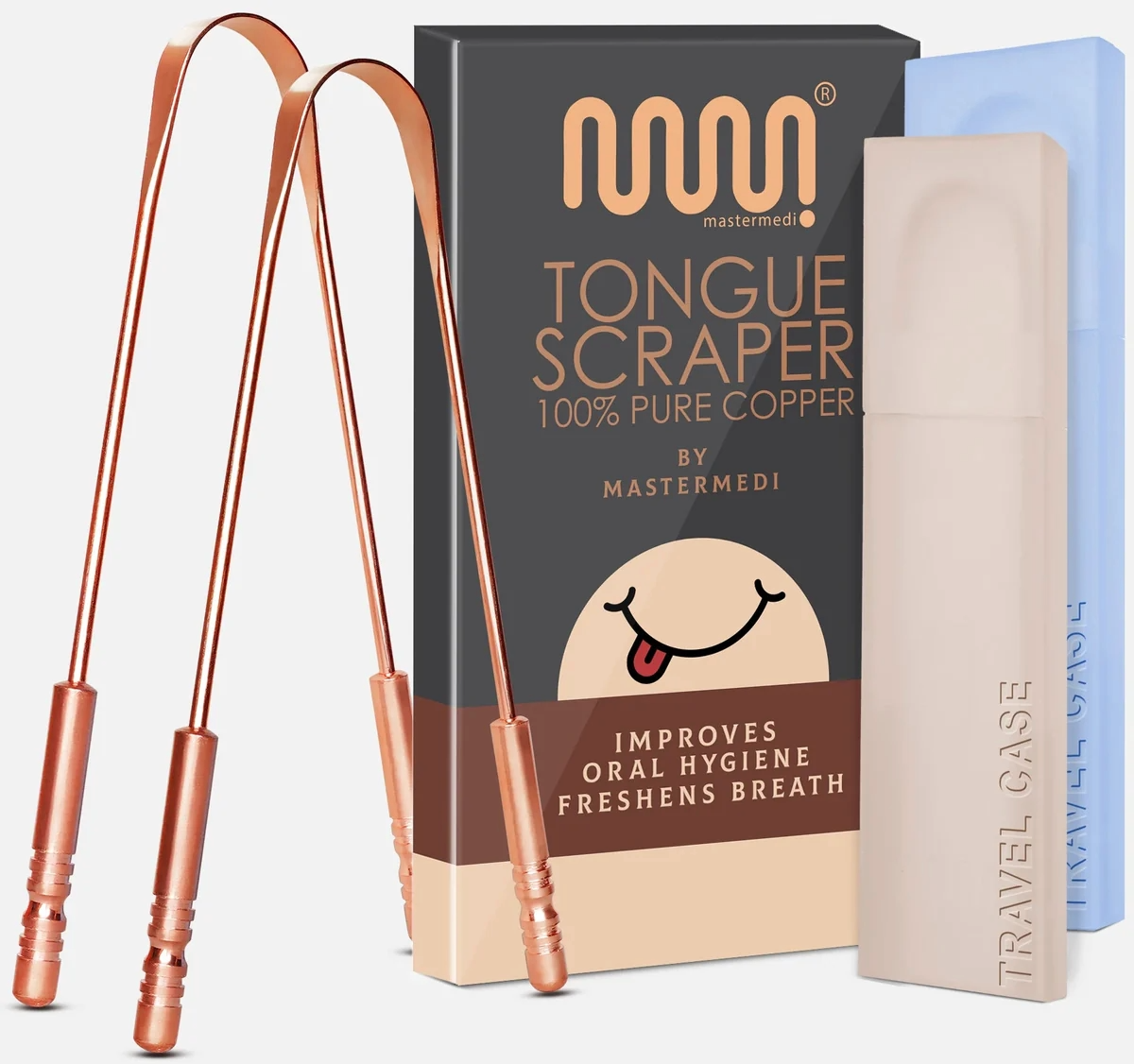 Tongue Scraper with Case (2 Pack) by Mastermedi - Non-toxic, GO rated product free from harmful chemicals