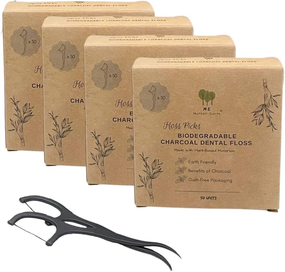 Biodegradable Charcoal Dental Floss Picks by ME Mother Earth - Non-toxic, SLOW rated product free from harmful chemicals