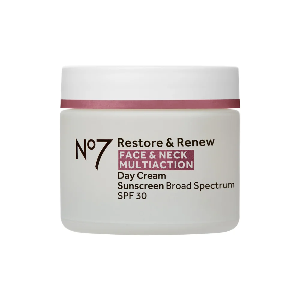 Restore & Renew Face & Neck Multiaction Day Cream Sunscreen Broad Spectrum SPF 30 by No7 - Non-toxic, STOP rated product free from harmful chemicals