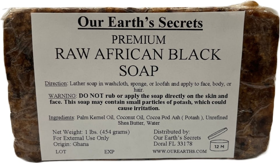 Premium Raw African Black Soap by Our Earth's Secrets - Non-toxic Soaps + Body Washes product rated GO by Million Marker, free from BPA, phthalates, and parabens