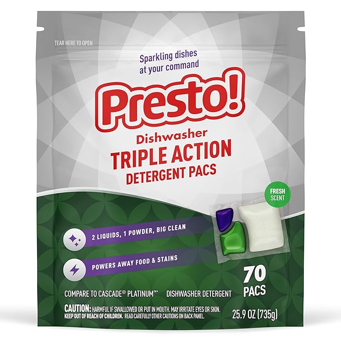 Triple Action Dishwasher Detergent Pack by Presto! - Non-toxic Dish Soap + Detergent product rated STOP by Million Marker, free from BPA, phthalates, and parabens