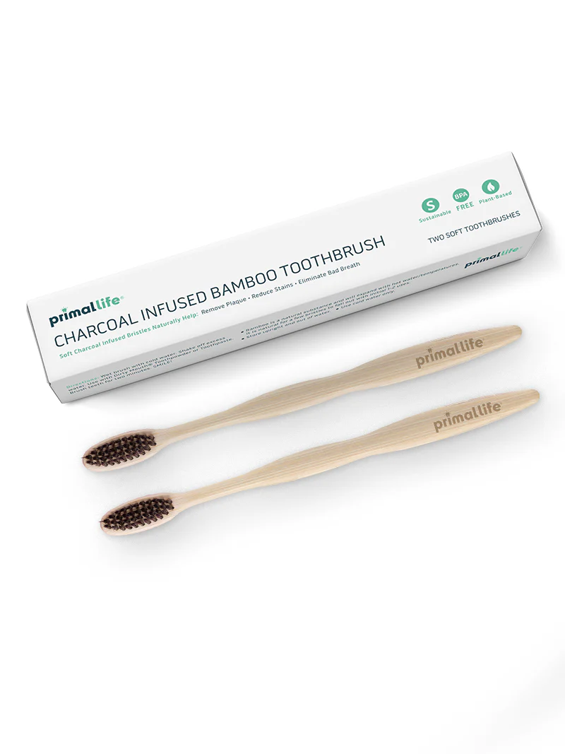 Charcoal Toothbrush 2 Pack by Primal Life Organics - Non-toxic, GO rated product free from harmful chemicals