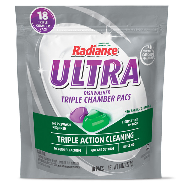 Ultra Dishwasher Triple Chamber Pacs by Radiance - Non-toxic Dish Soap + Detergent product rated STOP by Million Marker, free from BPA, phthalates, and parabens
